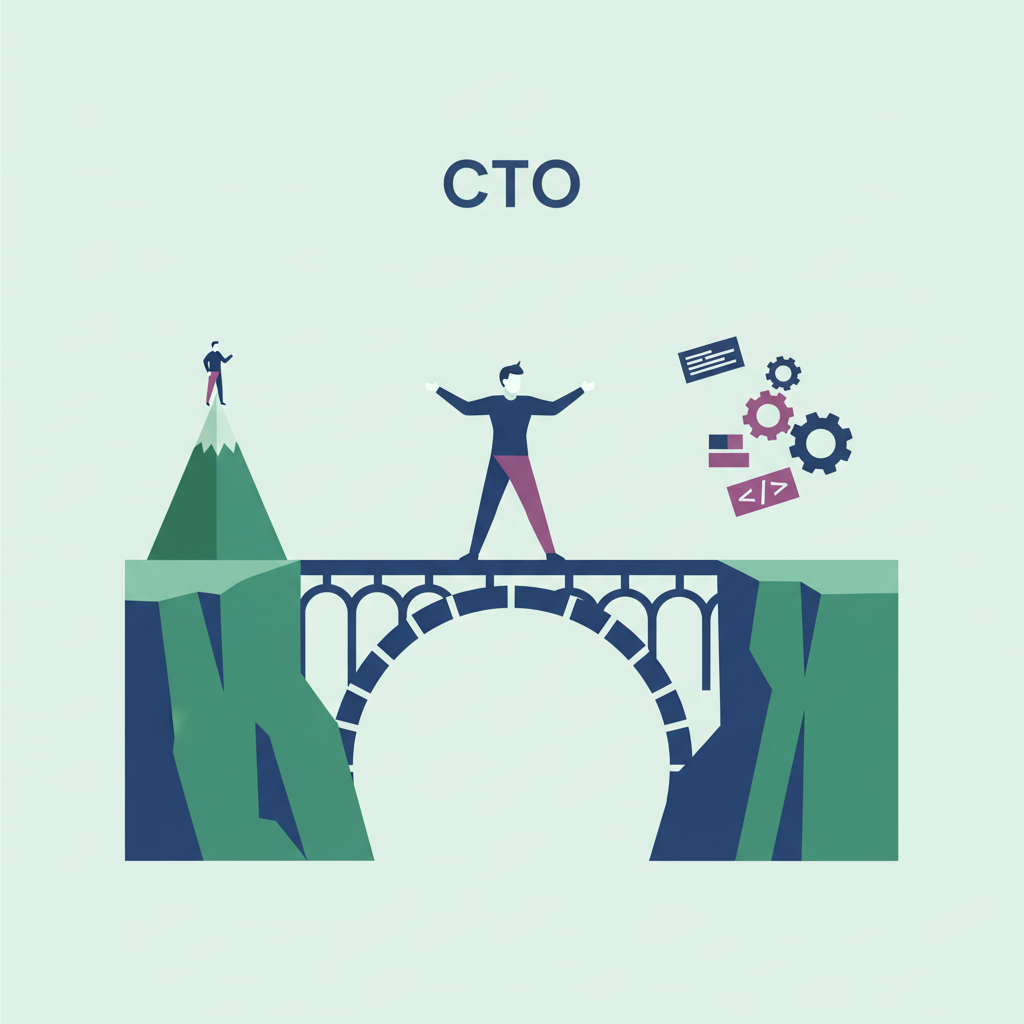 The CTO: bridging both worlds. A CTO standing on an arched bridge, spanning the gap between the visionary mountaintop and the engineering workshop.