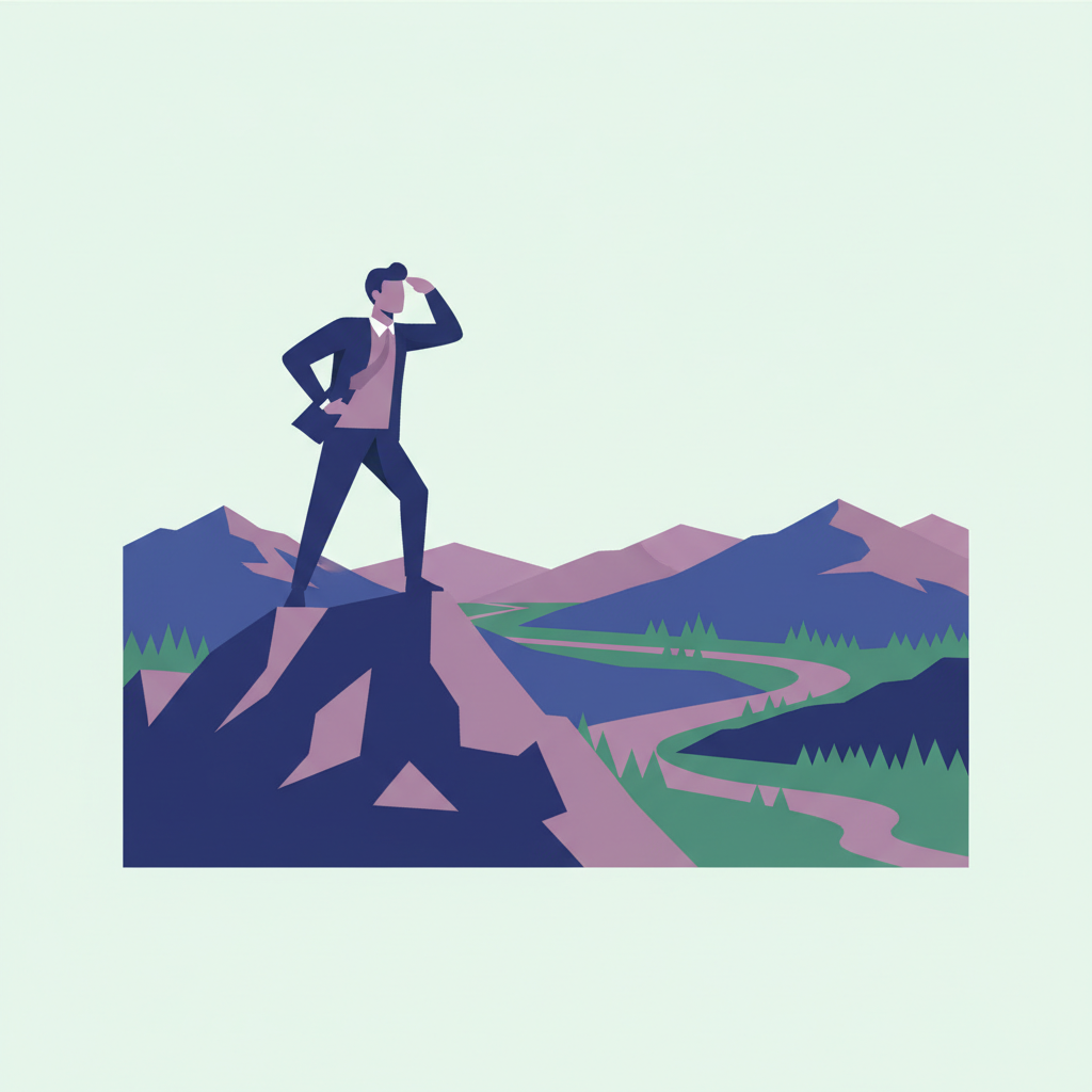The founder: vision and direction. A founder standing on a mountaintop, looking out over the horizon with purpose and vision.
